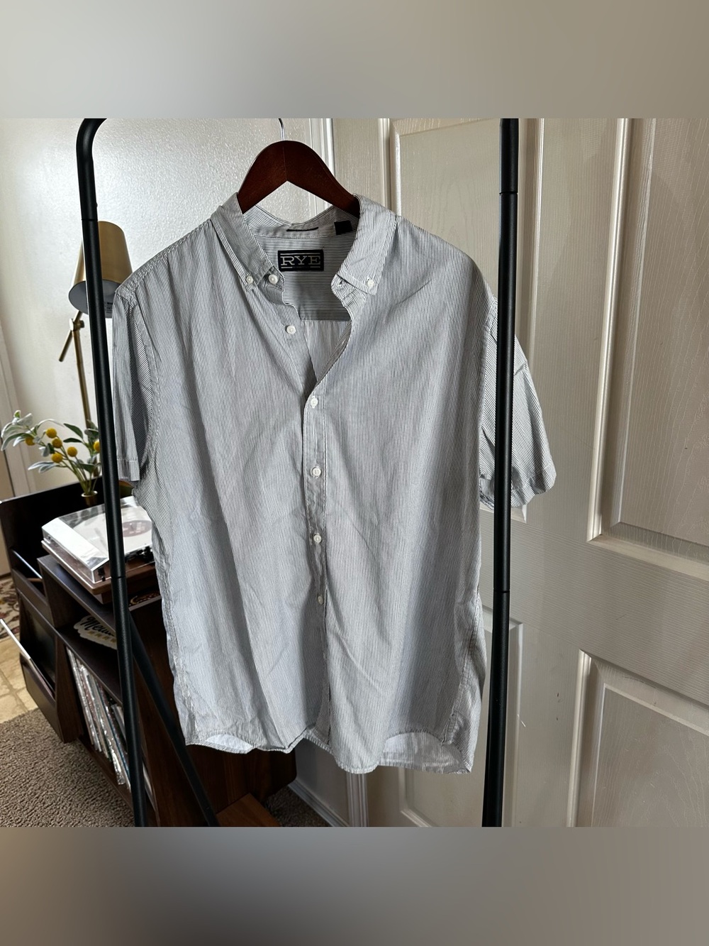 RYE Short-Sleeve Casual Button-Down Shirt in Light Gray Stripe 🦋